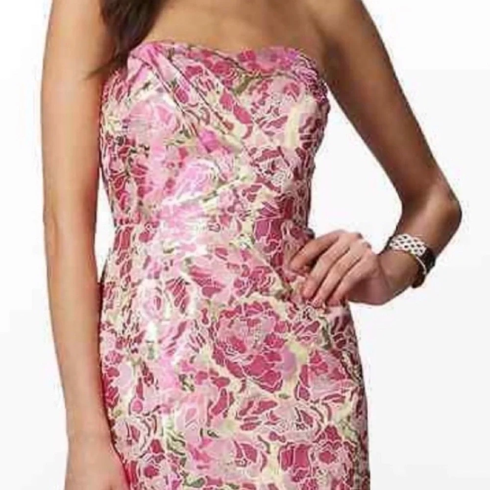 Lilly Pulitzer Silk Raya Dress Pink Gold Jacquard Mini Strapless Sweetheart Sz 8 - Picture 3 of 10